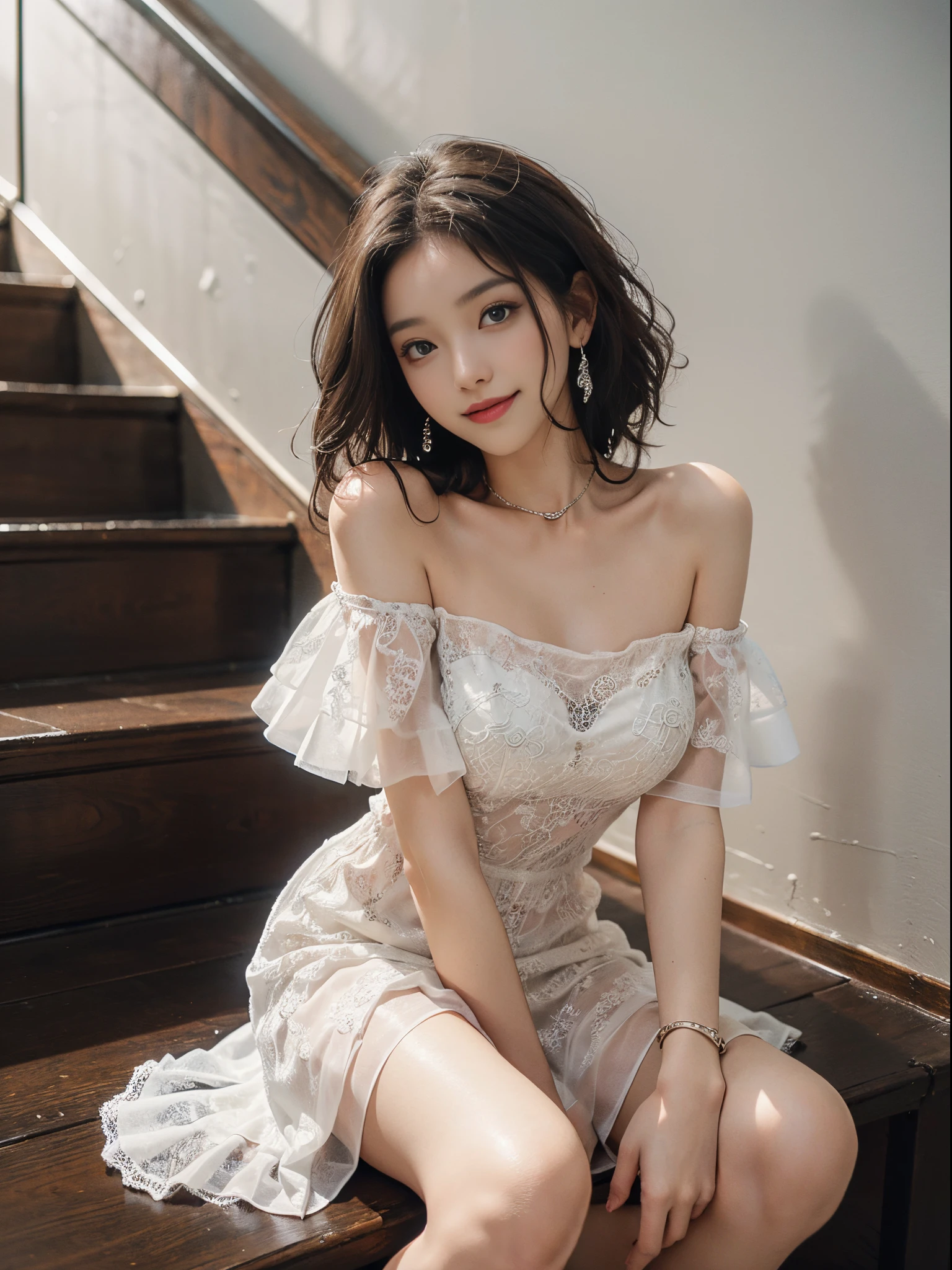 a beautiful girl, a young female model, a sweet girl's outfit, an off-shoulder dress, jewelry, (white, blue),  random pose, elegant pose, visually appealing, masterpiece, (best quality, 4k, 8k, highres, masterpiece:1.2), ultra-detailed, ultra-fine painting, exquisite face, slender figure, smiling, radiant smile, In the stairwell, sitting on the stairs, (from below)