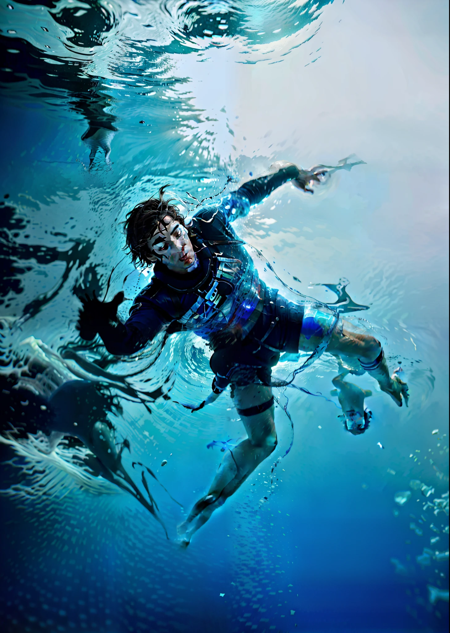 there is a man falling into frozen water, Captain America, photoshop water art, Swimming in space, Directed by: Bill Sienkiewicz, Nadar pelo Universo, underwater paint, inspirado em Bill Sienkiewicz, flutuando em uma nebulosa, Eric Zener Aykut Aydogdu, Eric Zener Cam por Leon, fan art