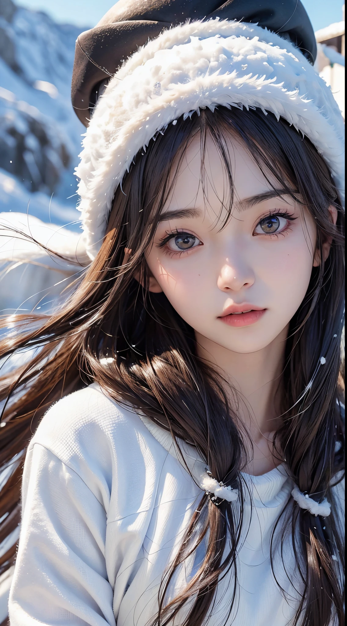 Beautiful woman、Kawaii Woman、About 20 years old、A detailed face、Detailed eyes、Detailed skin、detailed hairs、super realistic picture quality、An ultra-high picture quality、8K、Hokkaido、snowscape、inclined plane、take me skiing、Tomoyo Harada、