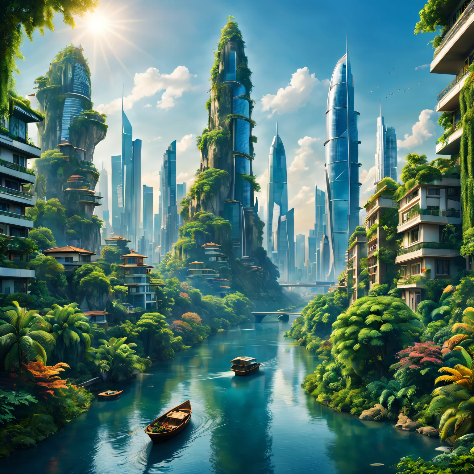 Utopian dreams,world prosperity,pursue,Detailed data,dynamicposes,vivd colour,Lush greenery,modern city scape,bright future,Multicultural,Living in harmony,peaceful society,grandiose buildings,skyscrapper,soft sun light,economic boom,Innovation & Technology,progressive society,equal opportunity,happy face,Clean environment,blue-sky,Calm river.(Best quality at best,4K,8K,A high resolution,tmasterpiece:1.2),ultra - detailed,(actual,realisticlying,Photorealistic:1.37),HighDynamicRange,hyper HD,Studio lighting,Clear detail,professional,vivd colour,Soft color palette,gentlesoftlighting
