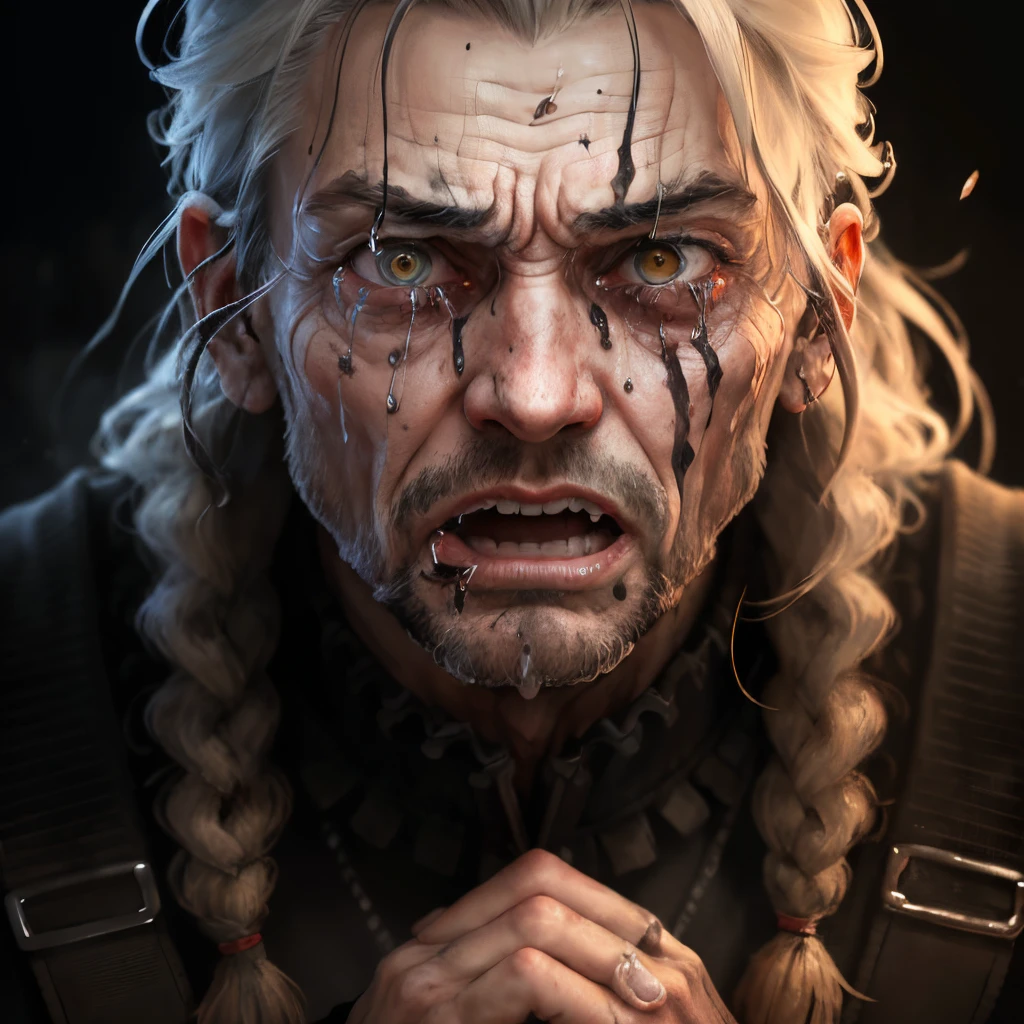 (best quality,4k,8k,highres,masterpiece:1.2),ultra-detailed,(realistic,photorealistic,photo-realistic:1.37), terrified,sad old male on his knees ,Crying ,screaming Satanist fearing for his life face icon,portrait, dark colors, dramatic lighting, unsettling expressions, crying eyes, demonic features, eerie atmosphere, haunting background, gothic style, intense emotions, sharp focus, intricate facial details,facial bruises,facial cuts, begging with hands together