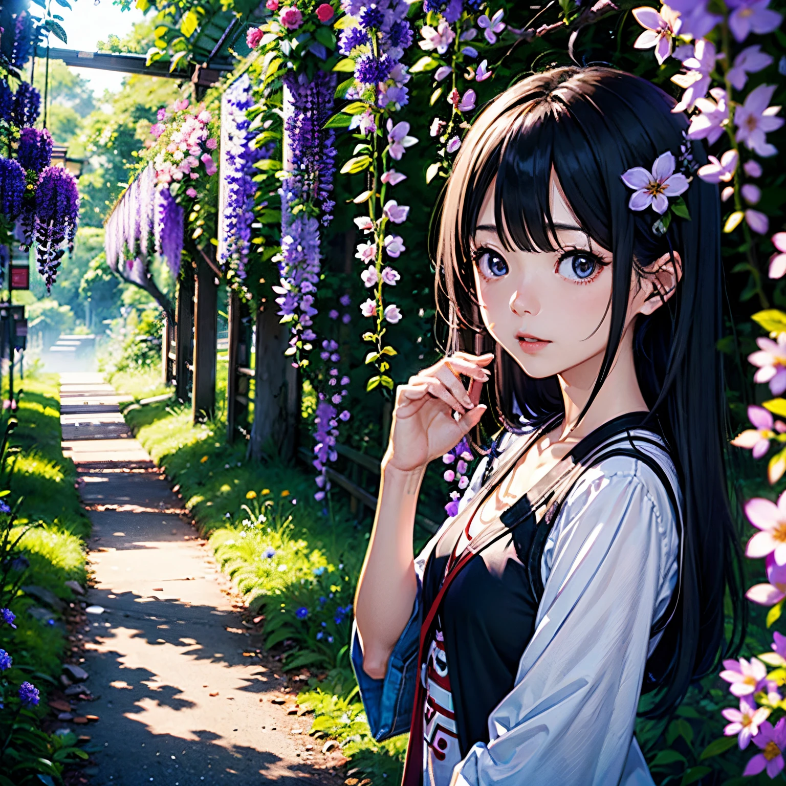Best Quality、masutepiece、(jpn、starrysky、natta)、mont:2、the woods、Wisteria flowers:2