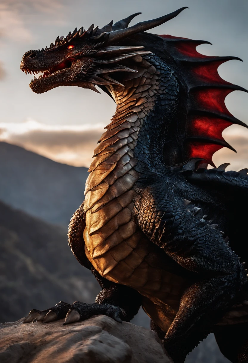A close-up shot of Aegon the Conqueror patting Balerion the Black Dread's massive snout, with the dragon's fiery eyes gleaming in the morning light.,A Song of Ice and Fire,the largest dragon to have ever lived. black scales with red and black dragonfire, male