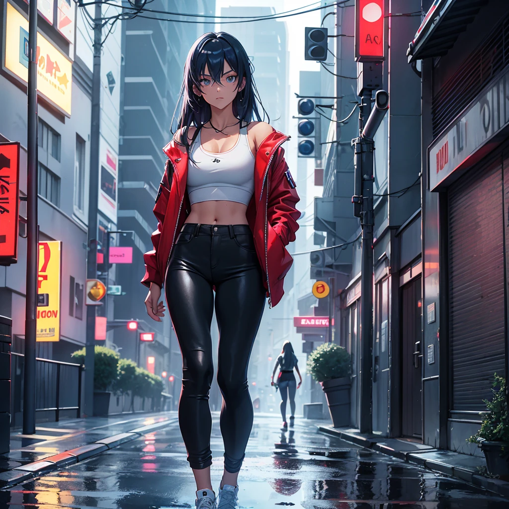 Neon light, wet street, reflection in the puddle, smoke, alley, cat, high pole, expensive in the background. A young woman walks standing out from the rest of the scene. Focused gaze on the camera, staring, looking fitme. Black hair, lilac stirs, short with fringes, bright blue glow in the hair. Light shadow on the left part, on the auture of the leg. Thin leg turned. Jeas pants ragada on the jielho, on the thigh, jacket ((Terry Borgat)) ((Fatal Fury)). Flat chest flat, small prite, white tank top. Honey eyes,HDR, realistic, realistic, v3. luxury makeup, high class. Mouth fleshy, bulky, scarlet red. ((crimson red all-star tennis))> 1.1. V2. Dogital. Game style XTXz, ATX, 16x 8K, 1850 ti. New generation.