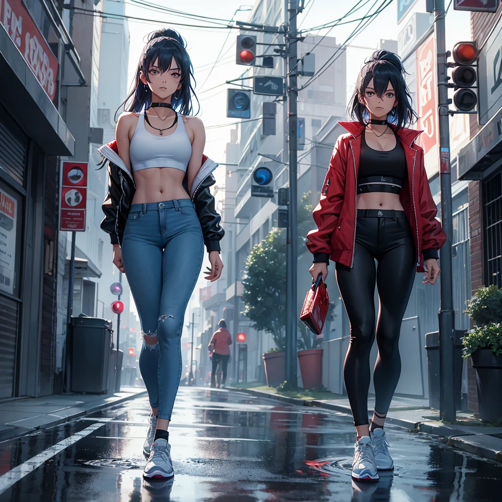 Neon light, wet street, reflection in the puddle, smoke, alley, cat, high pole, expensive in the background. A young woman walks standing out from the rest of the scene. Focused gaze on the camera, staring, looking fitme. Black hair, lilac stirs, short with fringes, bright blue glow in the hair. Light shadow on the left part, on the auture of the leg. Thin leg turned. Jeas pants ragada on the jielho, on the thigh, jacket ((Terry Borgat)) ((Fatal Fury)). Flat chest flat, small prite, white tank top. Honey eyes,HDR, realistic, realistic, v3. luxury makeup, high class. Mouth fleshy, bulky, scarlet red. ((crimson red all-star tennis))> 1.1. V2. Dogital. Game style XTXz, ATX, 16x 8K, 1850 ti. New generation.