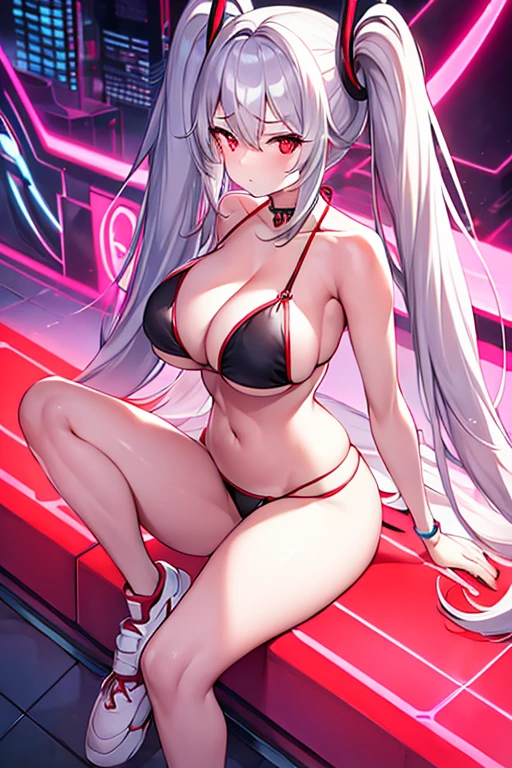 1girl, large breasts, wide hips, white hair, long hair, red eyes, serious, twintails, bikini, black bikini, v-string, shoes, sneakers, neon, neon trim, ((neon trim)), futuristic, tech, machinery, science-fiction, from above, full body