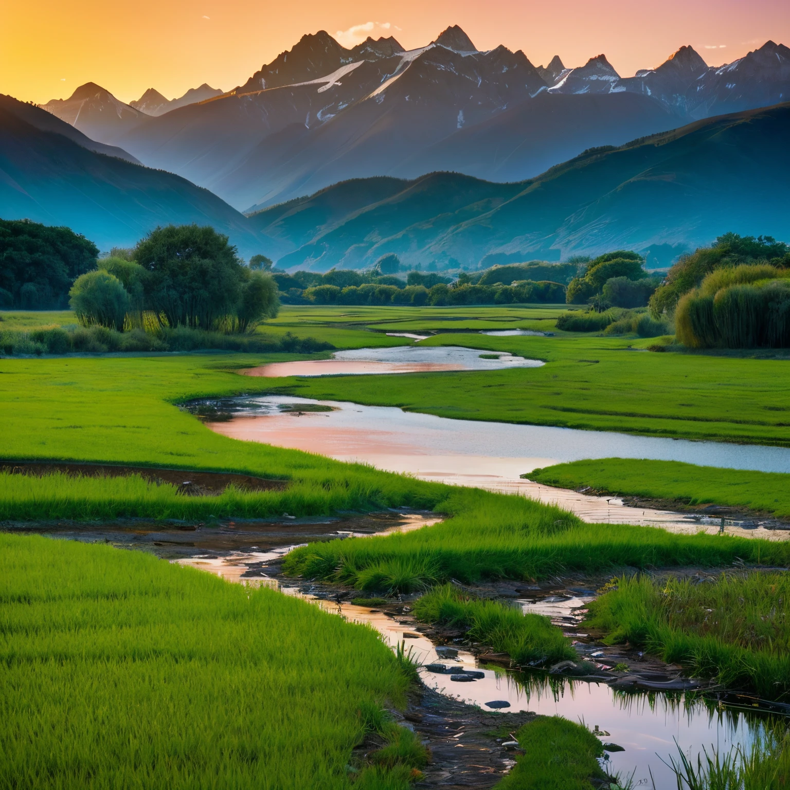 wetland　rivulets　highdensity　vivid and beautiful sunset、Best Quality、Mountains in the distance、circulate、Calm stream、gentle wind、longshot、a scene from a movie、Colors like Jodorowsky&#39;s movies、There are no people、eternal flow、real picture、delicate、Contre-Jour、Loneliness、aquatic grass plain、immensity、Overlooking、are present、real picture、Leica、meandering river、Unbalanced