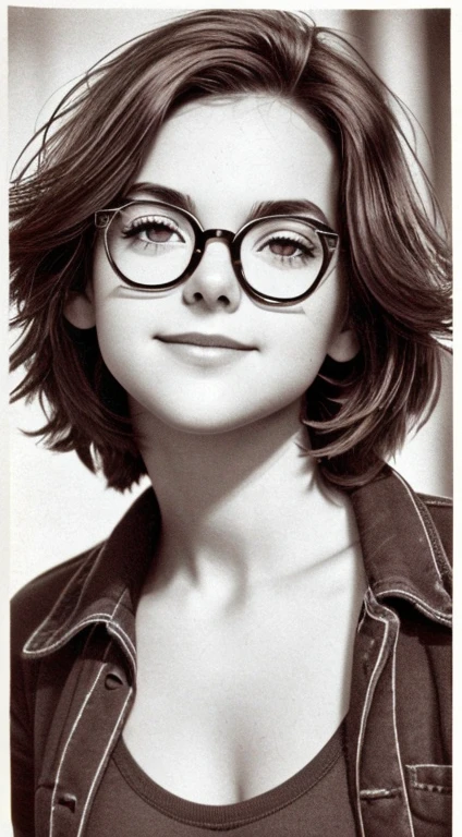 Realistic monochrome photography in 80s style...., Film grain, photo paper texture, tmasterpiece, Soviet erotica; Cute Russian brown-eyed girl ....., little shy v Embarrassed, heavy blush, beautiful detailed round face, Large shiny realistic dark brown eyes, eyeglasses(There are lenses in the glasses, Realistic glare of light on the glass), small snub-nose, Cute humble smile, Parted sensual plump lips, plump cheeks, Round chin, suntanned skin, short spiky brown hair with scarlet streaks (semi-short pixie haircut)(Rebellious punk hairstyle from the 80s.....), Very small stature, Short torso with realistic pointed baby breasts....., beautiful tender baby body, spicy c; plump round body, virgin child, very flat baby (flat-chested)(no breasts at all) with big erect nipples (Nipple erection), almost transparent mesh T-shirt, Thin thongs, beautiful belly with a small navel, nice feet; (full - body, including legs), Free pose; Realistic texture of human skin (pores, Mimic folds, wrinkles), Monochrome image