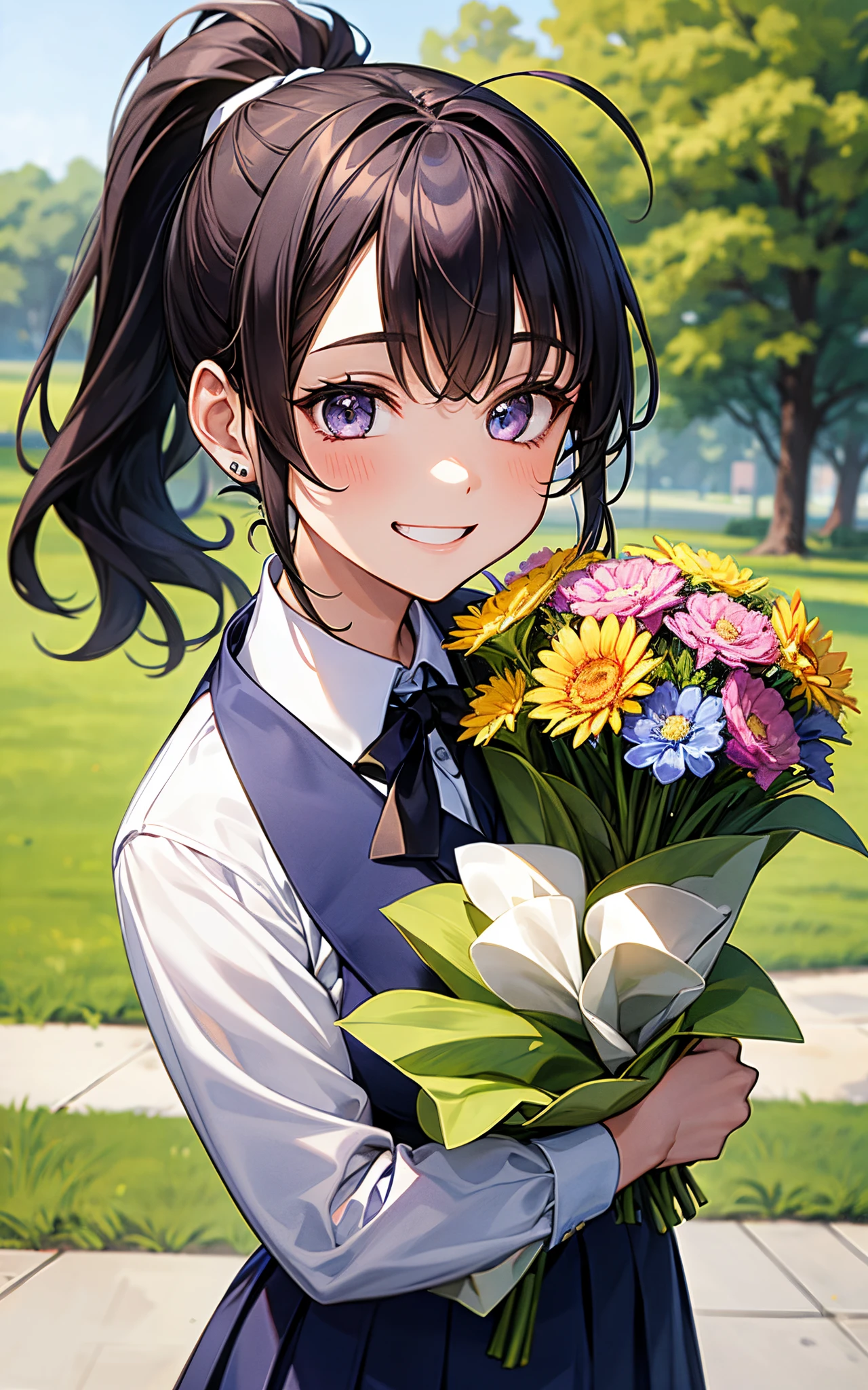 A girl with a ponytail wearing a high school uniform、Smiling while holding a bouquet of flowers in both hands in a spring park、I got closest to that dazzling smile