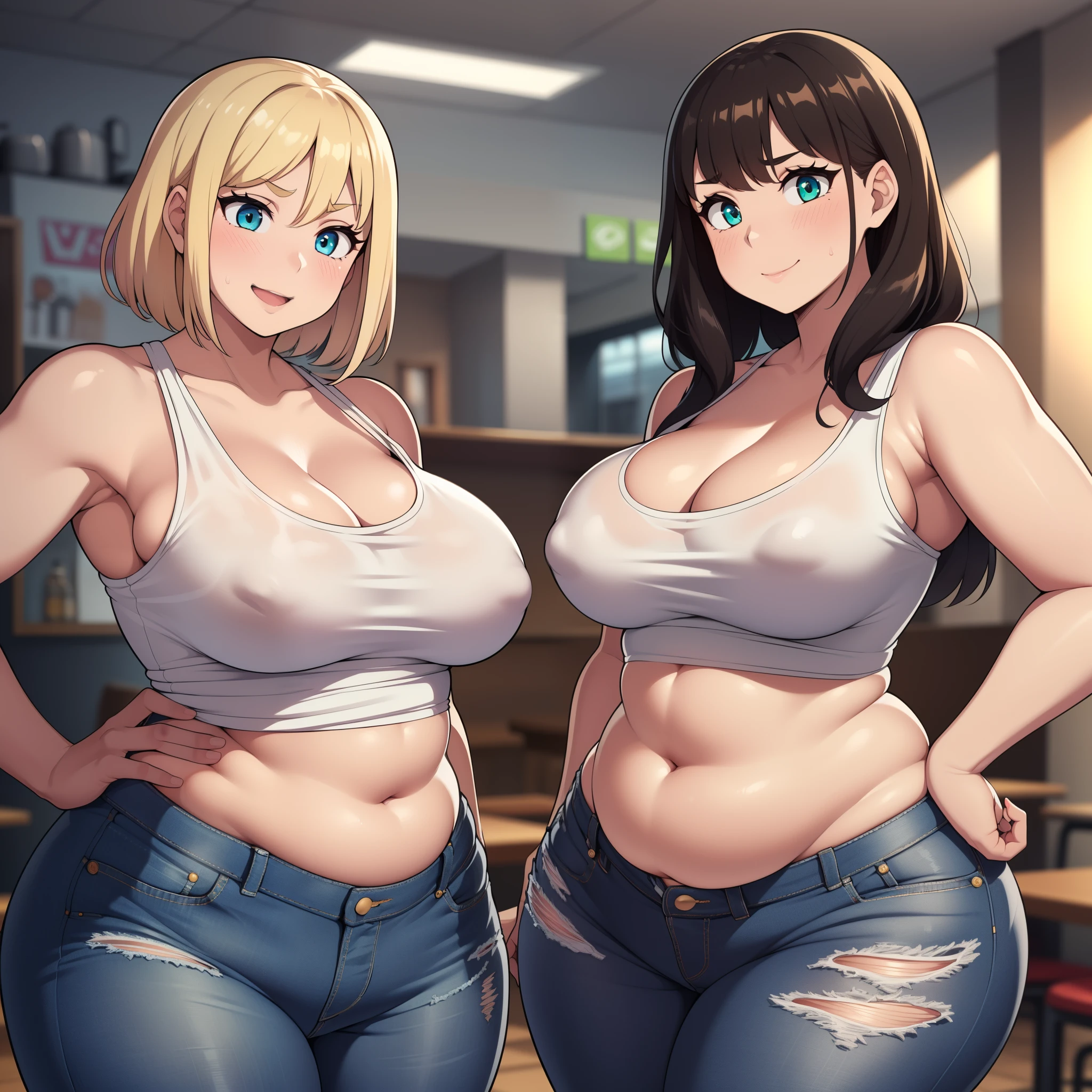 ((high res)), (Masterpiece), perfect anatomy, perfect shading, field of depth, (best quality), extremely delicate and beautiful, perfect lighting, detailed face, ultra cute face, cute, (cowboy shot 1.2), full body, (((2girls))), ((2 girls 1 and 2))
Girl 1: has long hair, fluffy hair, blonde hair, blue eyes, (blush), embarrassed, (crop top 1.2), (jean shorts 1.2), extremely tight clothes, medium breasts, cleavage, perky breasts, ((wide hips)), (thick thighs), (chubby), pudgy belly, fat rolls, belly hang,
Girl 2: has short hair, fluffy hair, brown hair, green eyes, smile, (white tank top 1.2), (jeans 1.2), extremely tight clothes, medium breasts, cleavage, perky breasts, (((wide hips))), ((thick thighs)), (plump), chubby belly, fat rolls, belly hang, she has a jiggly belly,
Fast food restaurant, intricate background, detailed background, girls are standing next to each other,