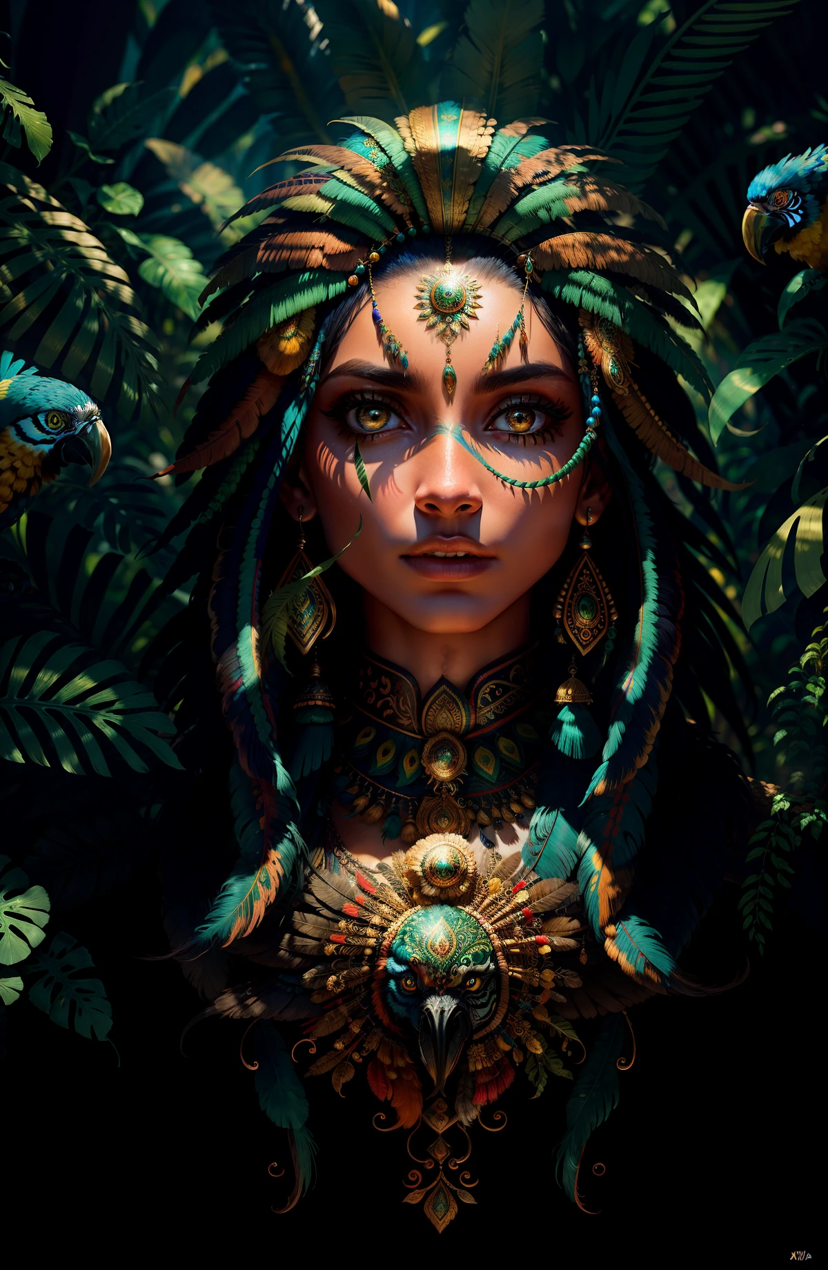 ((best quality)), ((masterpiece)), ((realistic)), Wild Xavante India girl, full body, the hair is composed of countless macaw blue parrot feather, honey eyes, female face, metal carved top, royal aura, trend on artstation , sharp focus, studio photo, intricate detail, very detailed, detailed eye, illustration, very detailed, sharp focus, digital render, professional, 4k // Wild Xavante India