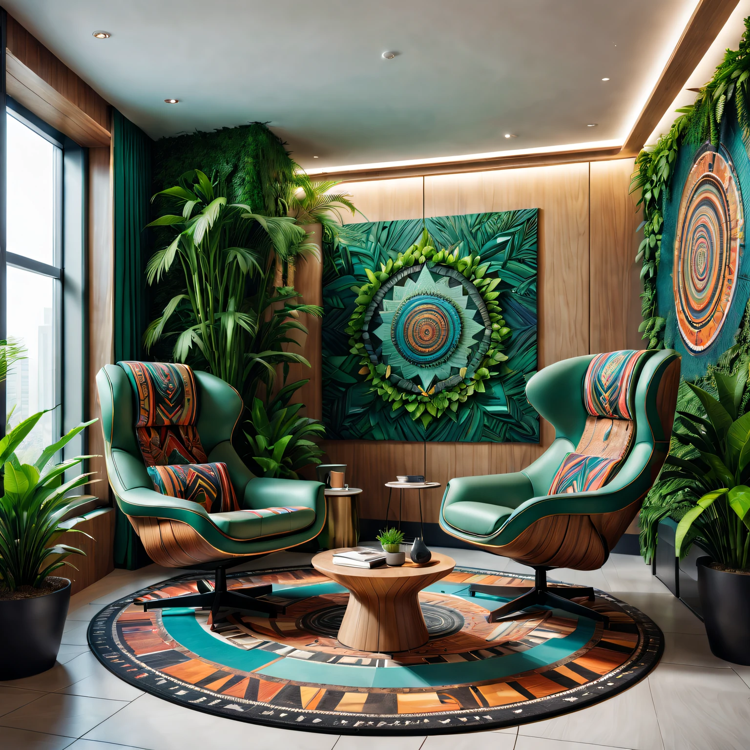tribal style,Utopian,Afu Futurism,Postmodern,Lounge style office photos,Inside the room,cozy environment,Modern furniture,Stylish design,Maximalism,natural lightting,vivd colour,tribal pattern,Abstract artwork,floor to ceiling window,in a panoramic view,Ergonomic chair,clean linework,Comfortable seating,Plants and greenery,textured walls、Mosaic floor、contemporary art installation、tribal sculpture、organic shapes、Creative atmosphere、State-of-the-art technology、relaxing atmosphere、Inspirational quotes on the wall、A space full of art,tranquil ambiance。(Best quality at best,4K,8K,A high resolution,tmasterpiece:1.2),ultra - detailed,(actual,realisticlying,Photorealistic:1.37)。