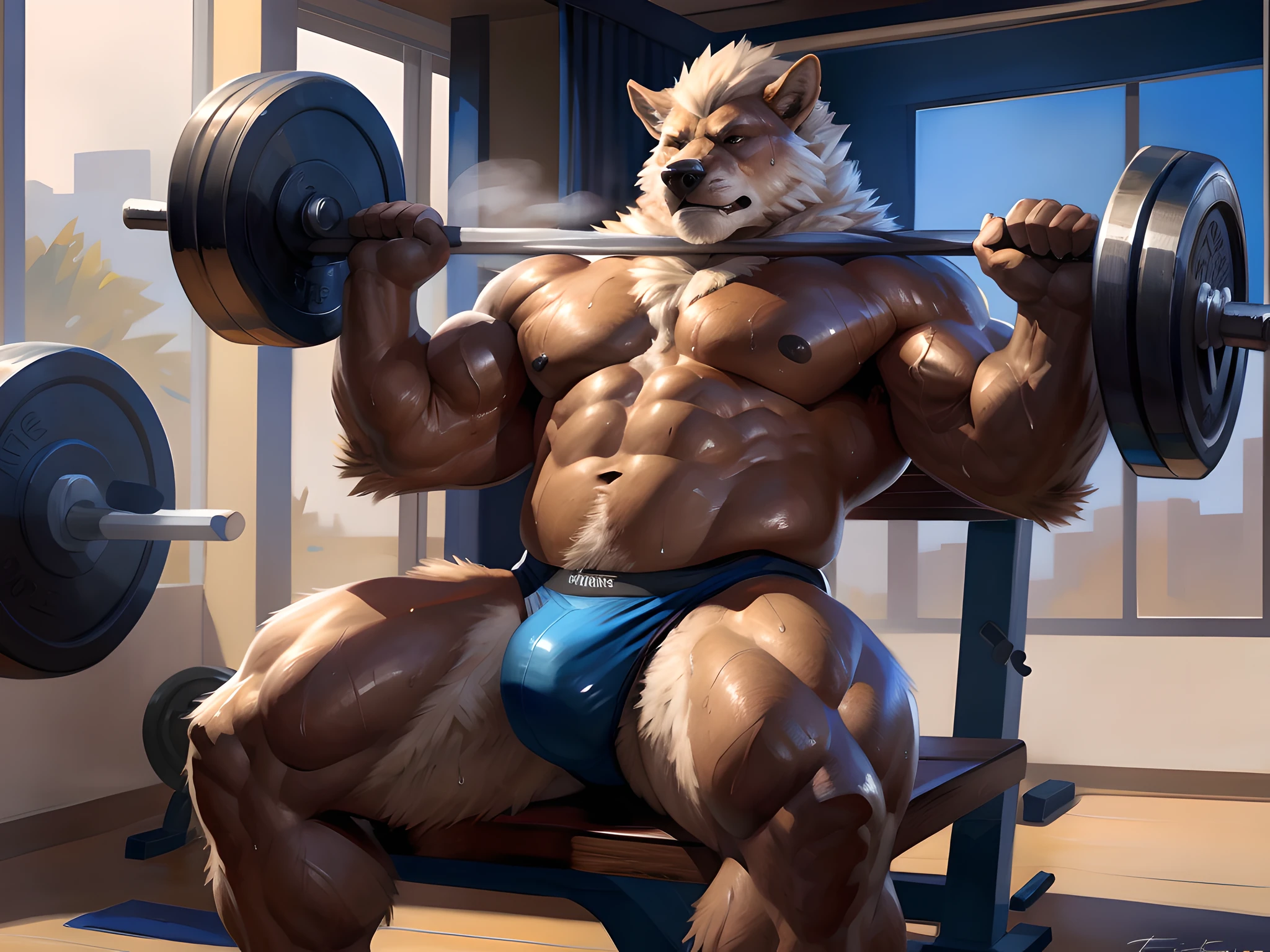 arcanine, 4k, high resolution, best quality, masterpiece, posted on e621, solo, anthro body, older male, male, adult, very masculine, (very muscular, well defined muscles, muscular legs, muscular arms, biceps, strong chest, heavy pectorals:1.3) (very heavyweight, very thick build:1.6), correct anatomy, (gym background, blurry background:1.1), (by taran fiddler:1.0), (by negger, by adios:0.7), (by wfa, by chunie:0.4), (tight speedos:1.0), (detailed eyes:1.2), (cel shaded, flat colors:1.2), fluffy tail, sweat:1.6, steaming body:1.2, furrowed brows, serious face, glistening muscles:1.2, (holding barbell, lifting barbell, detailed barbell, working out, bench press, bench pressing barbell, solid muscles, laying on a workout bench:1.1)