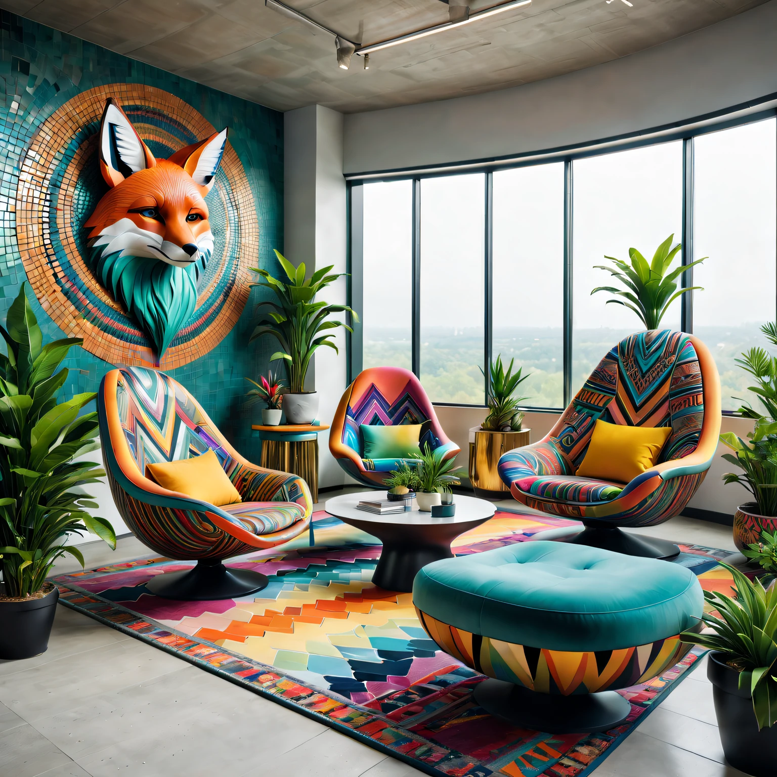 tribal style，Utopian，Afu Futurism，Postmodern，Lounge style office photos，Inside the room，cozy environment，Modern furniture，Stylish design，Maximalism，natural  lightting，vivd colour，tribal pattern，Abstract artwork，floor to ceiling window，in a panoramic view，Ergonomic chair，clean linework，Comfortable seating，Plants and greenery，textured walls、Mosaic floor、contemporary art installation、tribal sculpture、organic shapes、Creative atmosphere、State-of-the-art technology、relaxing atmosphere、Inspirational quotes on the wall、A space full of art，tranquil ambiance。(Best quality at best,4K,8K,A high resolution,tmasterpiece:1.2),ultra - detailed,(actual,realisticlying,Photorealistic:1.37)。