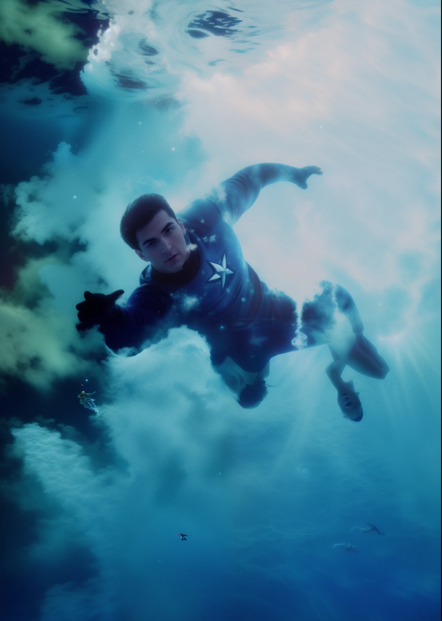 there is a man falling into frozen water, Captain America, photoshop water art, Swimming in space, Directed by: Bill Sienkiewicz, Nadar pelo Universo, underwater paint, inspirado em Bill Sienkiewicz, flutuando em uma nebulosa, Eric Zener Aykut Aydogdu, Eric Zener Cam por Leon, fan art