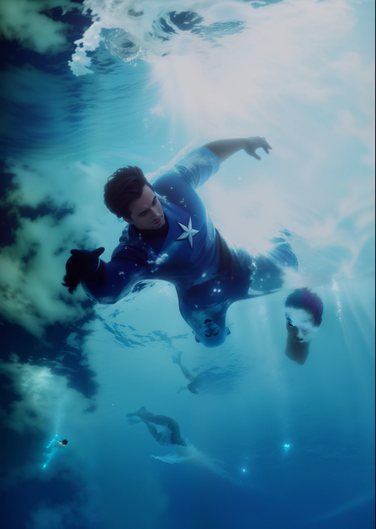 there is a man falling into frozen water, Captain America, photoshop water art, Swimming in space, Directed by: Bill Sienkiewicz, Nadar pelo Universo, underwater paint, inspirado em Bill Sienkiewicz, flutuando em uma nebulosa, Eric Zener Aykut Aydogdu, Eric Zener Cam por Leon, fan art
