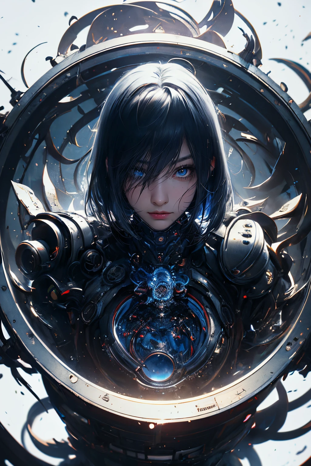 ticker mechanism, Beautiful eyes, Upper body, (Mechanic Armor), Portrait、abyss、Shooting with a wide-angle lens,Lightning from Kaleidoscope Hand、flying though the air、flawless、Neon light, 8K, raw, Best Quality, masutepiece, 超A high resolution, Colorful, (medium wide shot), (Dynamic perspective), foco nítido , (depth of fields, Bokeh:1.3), extremely detailed eye and face,ninjartist, Beautiful detailed eyes、Black gold, Trimmed gear:1.2), ((masutepiece, Best Quality)), Detailed background, Inside the spacecraft、Hold your weapon、(Gray hair)、brue eyes、poneyTail、dirty、bio luminescent、lots of crescent moons、Photographed with Canon R5、Dark Fantasy,masterpiece,connected to the plug、spectrum、Space City、Highly detailed beautiful porcelain profile female android face、Complex 3D rendering of a headset、cyborgs、roboticparts、150mm、Beautiful studio soft lights、Rim Light、Vivid details、luxuriouscyberpunk、Ren Hao、surrealistic、Anatomical、face muscles、cable electric wires、microchips、elegent、beatiful backgrounds、octan render、HR Giger Style、8K、top-quality、masterpiece、illustratio、extremely delicate and beautiful、ighly detailed、nffsw ,Unity ,wall-paper,magnifica, Attention to detail, masterpiece,top-quality,Official art,Highly detailed ticker Unity 8K wallpapers、机器人、Silver Halmet、((full body Esbian))