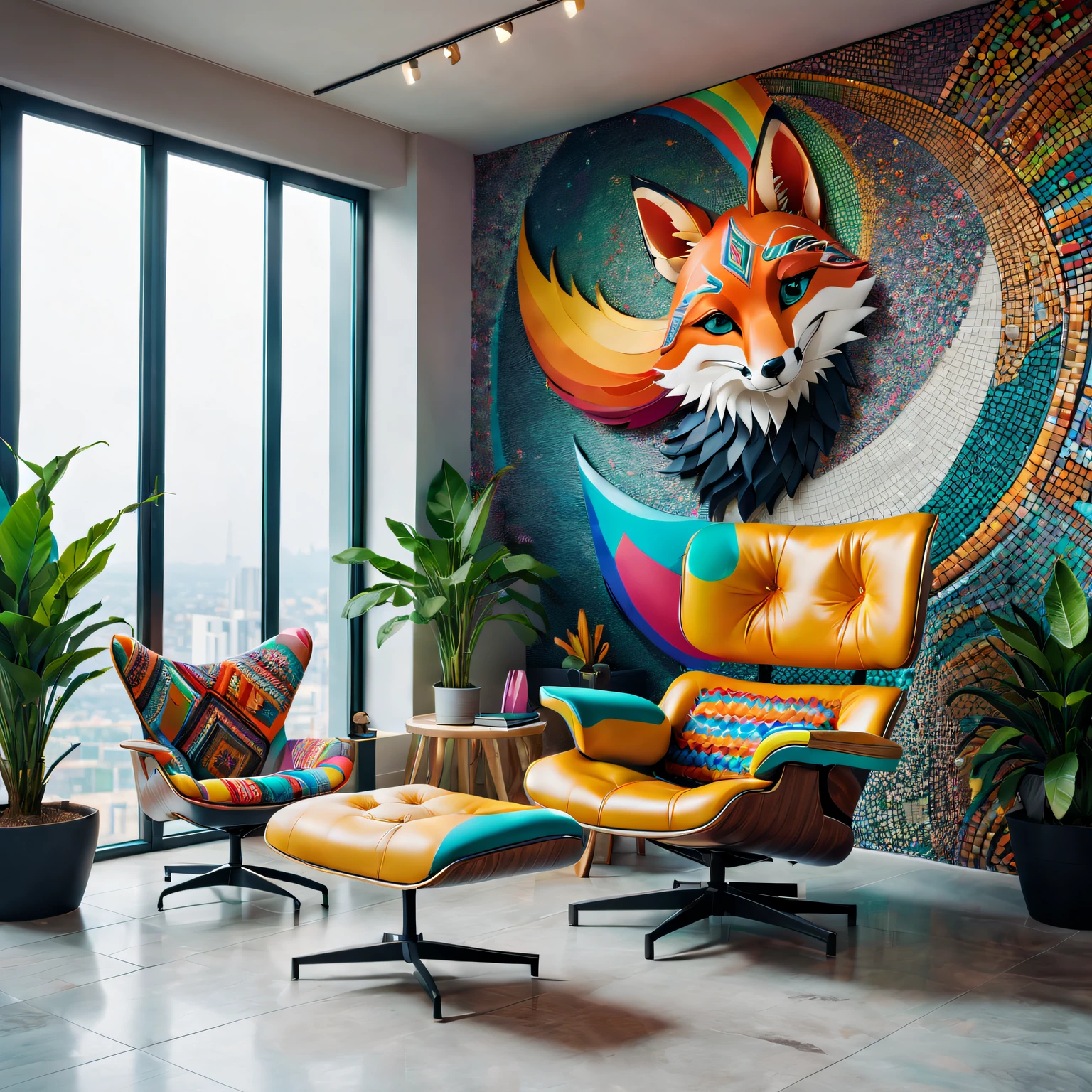 tribal style，Utopian，Afu Futurism，Postmodern，Lounge style office photos，Inside the room，a young girl sitting, rainbow hair, fox ear, light  smile,mosaic style clothing，Modern furniture，Stylish design，Maximalism，natural  lightting，vivd colour，tribal pattern，Abstract artwork，floor to ceiling window，in a panoramic view，Ergonomic chair，clean linework，Comfortable seating，Plants and greenery，textured walls、polished concrete floor、contemporary art installation、tribal sculpture、organic shapes、Creative atmosphere、State-of-the-art technology、relaxing atmosphere、Inspirational quotes on the wall、A space full of art，tranquil ambiance。(Best quality at best,4K,8K,A high resolution,tmasterpiece:1.2),ultra - detailed,(actual,realisticlying,Photorealistic:1.37)。