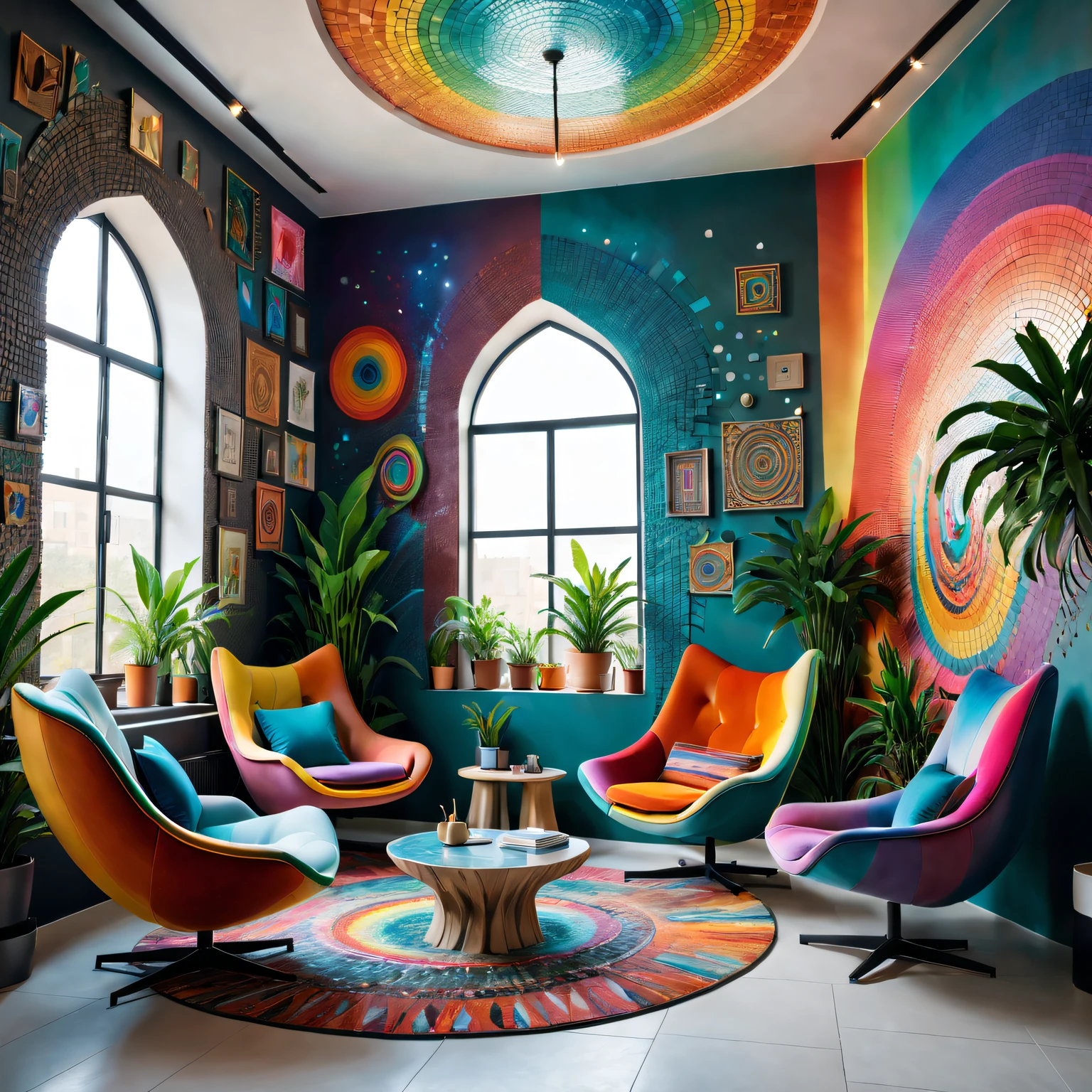 tribal style,Utopian,Afu Futurism,Postmodern,Lounge style office photos,Inside the room,a young girl sitting, rainbow hair, fox ear, light smile,mosaic style clothing,Modern furniture,Stylish design,Maximalism,natural lightting,vivd colour,tribal pattern,Abstract artwork,floor to ceiling window,in a panoramic view,Ergonomic chair,clean linework,Comfortable seating,Plants and greenery,textured walls、polished concrete floor、contemporary art installation、tribal sculpture、organic shapes、Creative atmosphere、State-of-the-art technology、relaxing atmosphere、Inspirational quotes on the wall、A space full of art,tranquil ambiance。(Best quality at best,4K,8K,A high resolution,tmasterpiece:1.2),ultra - detailed,(actual,realisticlying,Photorealistic:1.37)。