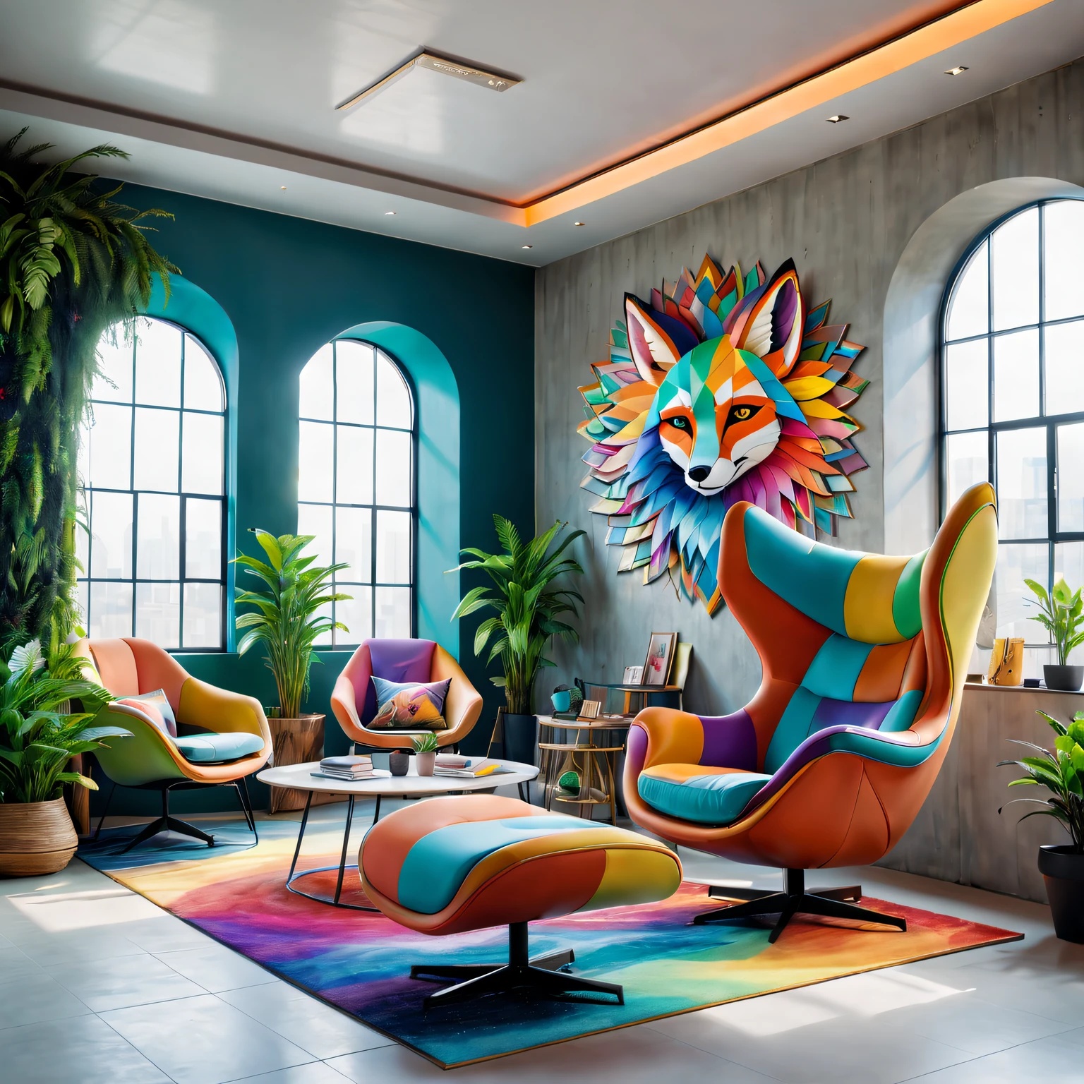 tribal style，Utopian，Afu Futurism，Postmodern，Lounge style office photos，Inside the room，a young girl sitting, rainbow hair, fox ear, light  smile,mosaic style clothing，Modern furniture，Stylish design，Maximalism，natural  lightting，vivd colour，tribal pattern，Abstract artwork，floor to ceiling window，in a panoramic view，Ergonomic chair，clean linework，Comfortable seating，Plants and greenery，textured walls、polished concrete floor、contemporary art installation、tribal sculpture、organic shapes、Creative atmosphere、State-of-the-art technology、relaxing atmosphere、Inspirational quotes on the wall、A space full of art，tranquil ambiance。(Best quality at best,4K,8K,A high resolution,tmasterpiece:1.2),ultra - detailed,(actual,realisticlying,Photorealistic:1.37)。