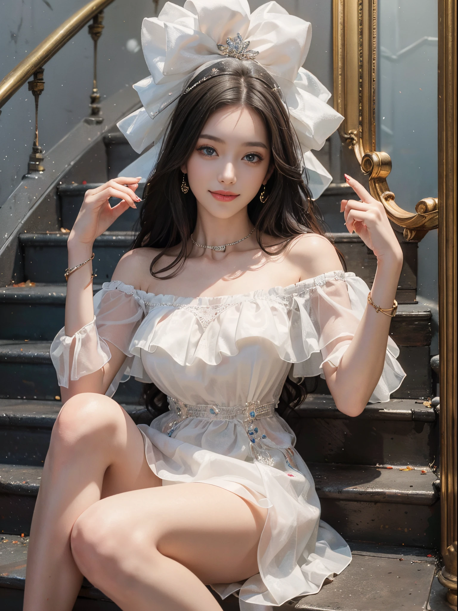 a beautiful girl, a young female model, a sweet girl's outfit, an off-shoulder dress, jewelry, (white, blue),  random pose, elegant pose, visually appealing, masterpiece, (best quality, 4k, 8k, highres, masterpiece:1.2), ultra-detailed, ultra-fine painting, exquisite face, slender figure, smiling, radiant smile, In the stairwell, sitting on the stairs, (from below)