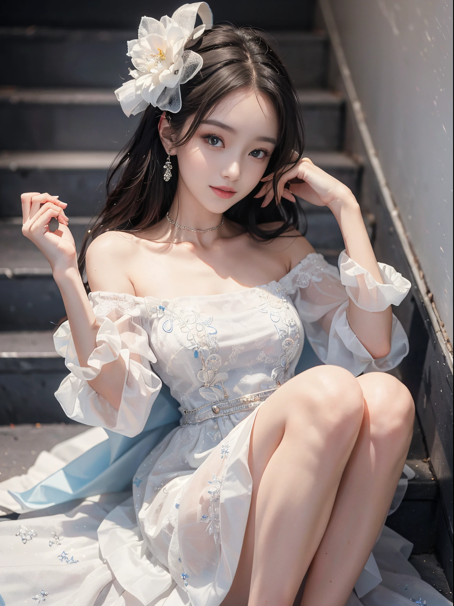 a beautiful girl, a young female model, a sweet girl's outfit, an off-shoulder dress, jewelry, (white, blue), random pose, elegant pose, visually appealing, masterpiece, (best quality, 4k, 8k, highres, masterpiece:1.2), ultra-detailed, ultra-fine painting, exquisite face, slender figure, smiling, radiant smile, In the stairwell, sitting on the stairs, (from below)