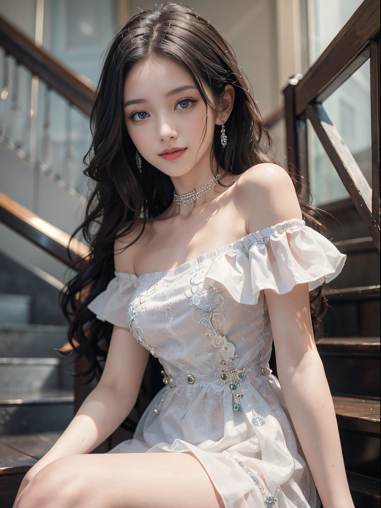 a beautiful girl, a young female model, a sweet girl's outfit, an off-shoulder dress, jewelry, (white, blue),  random pose, elegant pose, visually appealing, masterpiece, (best quality, 4k, 8k, highres, masterpiece:1.2), ultra-detailed, ultra-fine painting, exquisite face, slender figure, smiling, radiant smile, In the stairwell, sitting on the stairs, (from below)