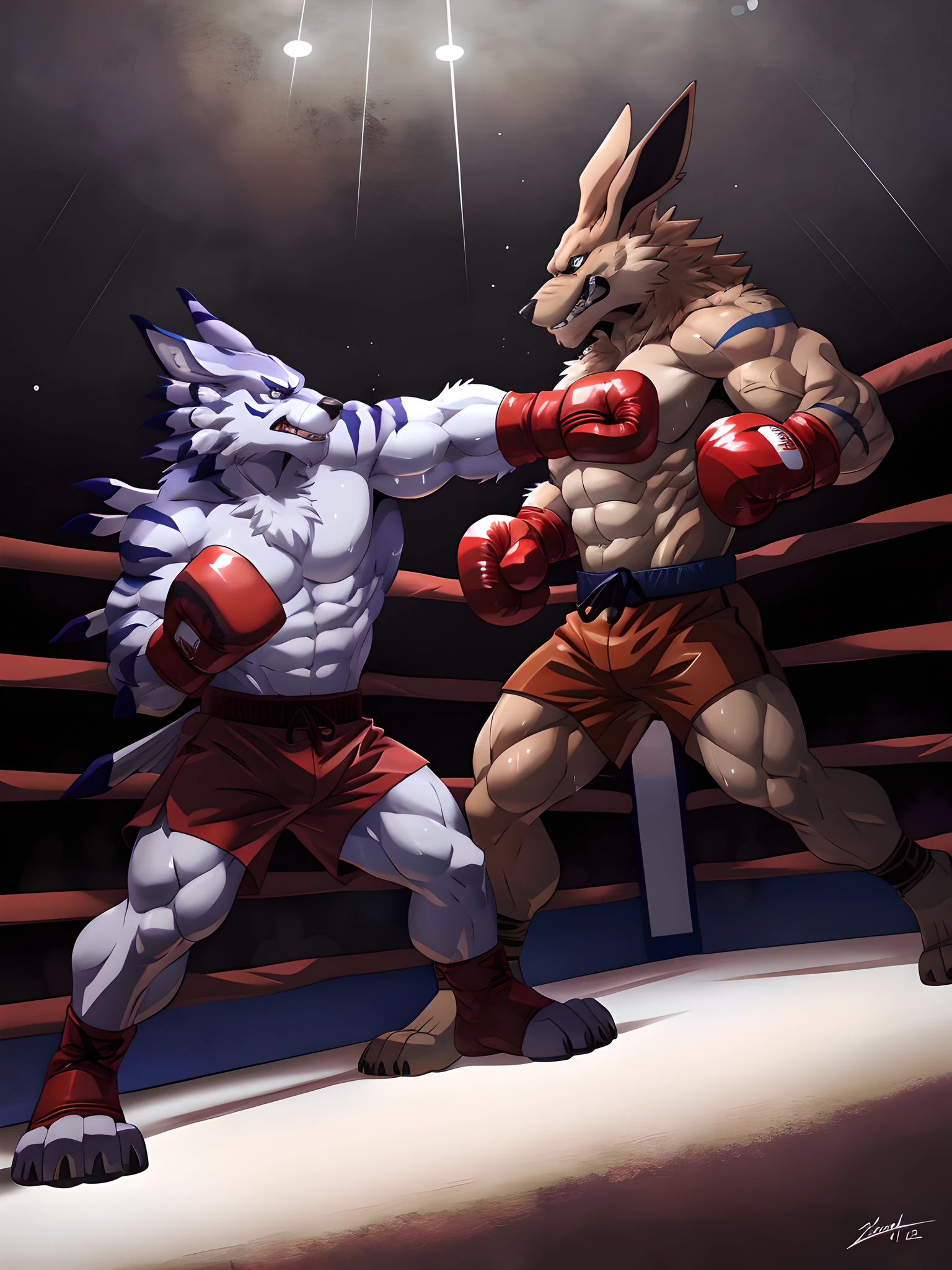 ultra quality:1.4, 4k, high resolution, best quality, color, smooth comics style, takemoto_arashi style, wfa style, two characters, kurama:1.1, weregarurumon:1.1, kurama and weregarurumon boxing, muscles:1, heavyweight, massive build, vascular veins, anime martial arts, sweat:1.2, strong:1, masculine, boxing ring, fighting:1 scene, punching, throwing blows, dynamic:1 scene, punching chest, (wearing boxing gloves, detailed boxing gloves:1.1), detailed, detailed face, detailed eyes