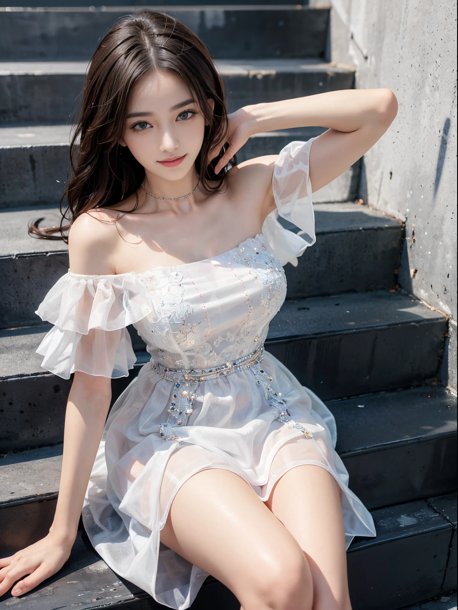 a beautiful girl, a young female model, a sweet girl's outfit, an off-shoulder dress, jewelry, (white, blue),  random pose, elegant pose, visually appealing, masterpiece, (best quality, 4k, 8k, highres, masterpiece:1.2), ultra-detailed, ultra-fine painting, exquisite face, slender figure, smiling, radiant smile, In the stairwell, sitting on the stairs, (from below)