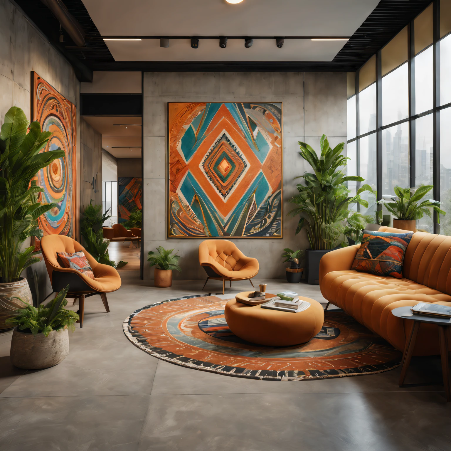 tribal style，Utopian，Afu Futurism，Postmodern，Lounge style office photos，Inside the room，cozy environment，Modern furniture，Stylish design，Maximalism，natural  lightting，vivd colour，tribal pattern，Abstract artwork，floor to ceiling window，in a panoramic view，Ergonomic chair，clean linework，Comfortable seating，Plants and greenery，textured walls、polished concrete floor、contemporary art installation、tribal sculpture、organic shapes、Creative atmosphere、State-of-the-art technology、relaxing atmosphere、Inspirational quotes on the wall、A space full of art，tranquil ambiance。(Best quality at best,4K,8K,A high resolution,tmasterpiece:1.2),ultra - detailed,(actual,realisticlying,Photorealistic:1.37)。