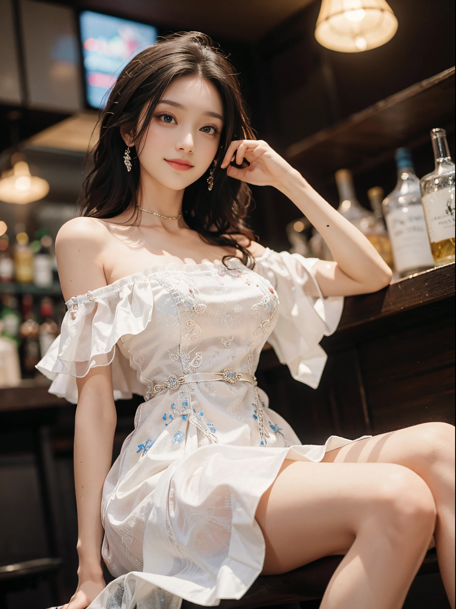 ((from below)),a beautiful girl, a young female model, a sweet girl's outfit, an off-shoulder dress, jewelry, (white, blue),  random pose, elegant pose, visually appealing, masterpiece, (best quality, 4k, 8k, highres, masterpiece:1.2), ultra-detailed, ultra-fine painting, exquisite face, slender figure, smiling, radiant smile, At a bar, sitting on a high stool