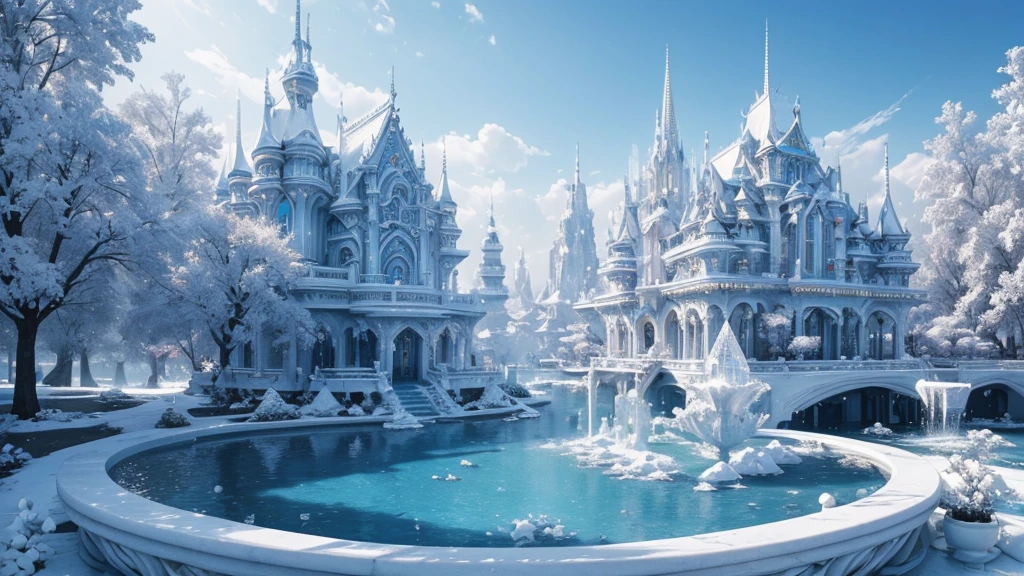 (Best quality,4K,8K,A high resolution,tmasterpiece:1.2),(All white world),ultra - detailed,Blue and white tones,Utopian world,Highly detailed and intricate masterpiece,baiyun,featheredwings,Radiant,fountain crystal pure white transparent gothic architecture,floating wonderland