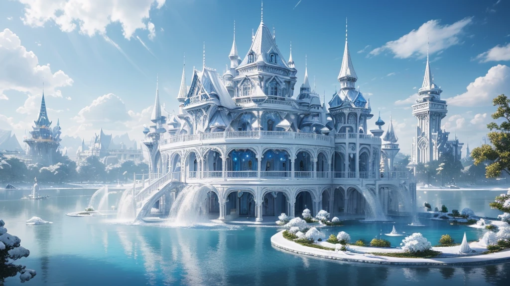 (Best quality,4K,8K,A high resolution,tmasterpiece:1.2),(All white world),ultra - detailed,Blue and white tones,Utopian world,Highly detailed and intricate masterpiece,baiyun,featheredwings,Radiant,fountain crystal pure white transparent gothic architecture,floating wonderland