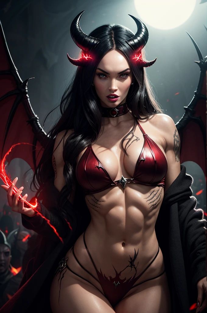 8K,Demon woman in hellfire,bat wings,Evil Gaze,black binoculars,ugly and distorted expression,muscular macho body,The lower body is covered with black hair,2 devil horns,long thin fangs,sharp teeth,sharp nails,barefoot,rugged rock surface,masterpiece,Photorealistic RAW photos of the highest quality。insidious color,Backlight, cinematic lighting, film grain, 50mm lens, Nikon D850,beautiful expression,fantasy art,character art,Glaring at the viewer,horror film,Cat-like eyes(Eyes),blue-black skin(super realistic skin),very big breasts,Fighting style,