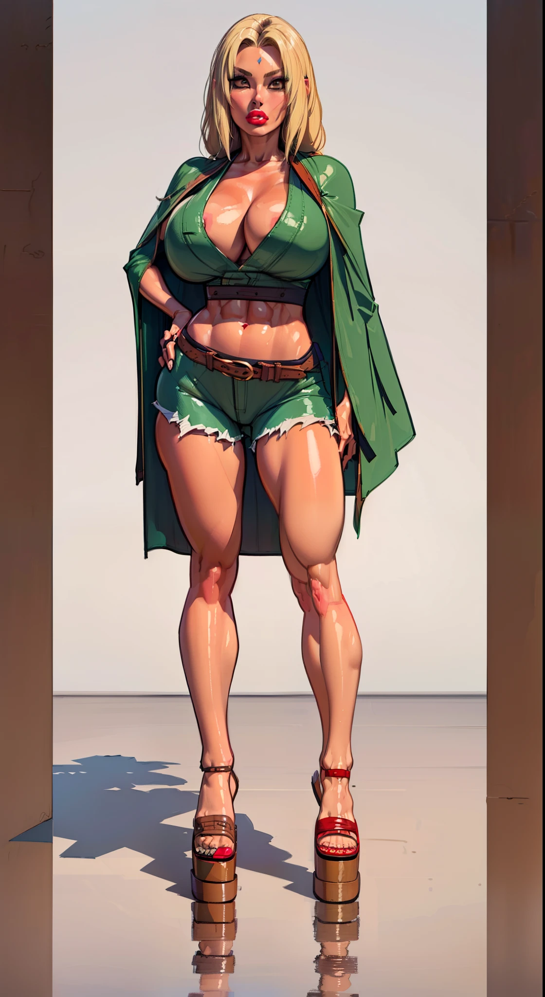 ((masterpiece)),(((best quality))),((character design sheet)), naruto character tsunade, (tsunade green cloak:1.4) ((tsunade)), ((full body view))  mature face, (blonde hair),((asian eyes:1.4)),  ( (( brown sandals)) above knees:1.4), (blue short pants), defined cheekbones,((long hair:1.2)), high cheekbones, illustration, muscular, sexy bimbo, (gigantic breasts:1.3) red hair, ((detailed face:1.4)) beautiful woman, (grey kimono :1.1), (white skin:1.4) , (red lipstick:1.4), shiny skin, scribbles and marks,(puffy lips:1.4) , (blue dot middle forehead), rough sketches, pose, 8k,16k, (simple background, white background: 1.3) ((cool color palette)), ((cleavage))