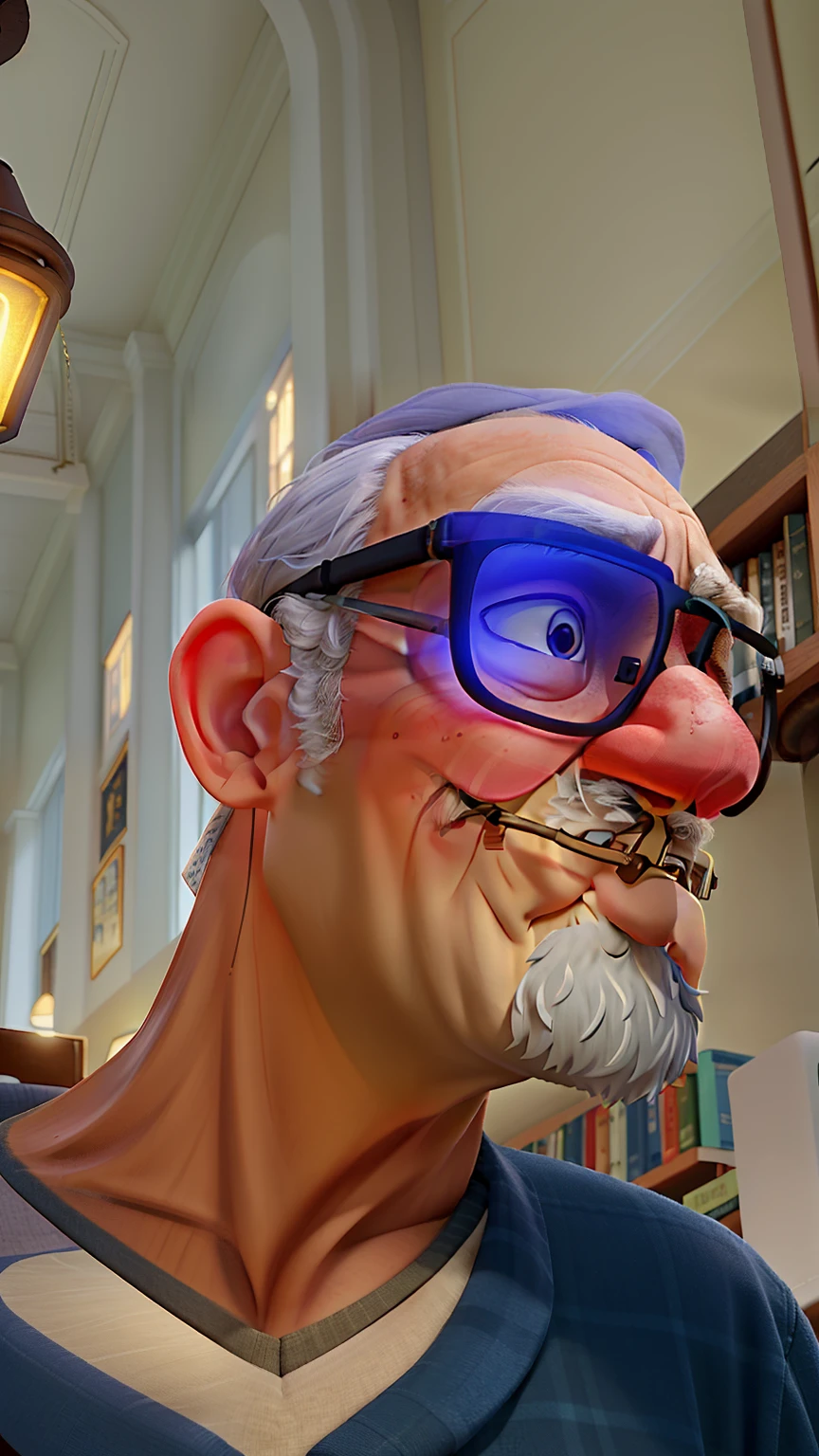 A wise old man standing in front, illuminated by the light of a lamp, against the backdrop of a library