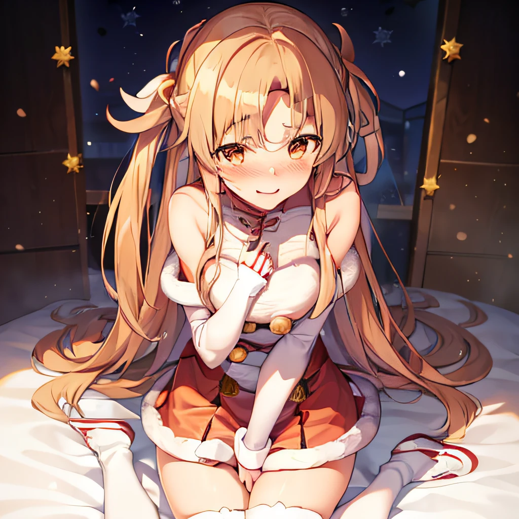 Asuna,(a miniskirt) ,((santa costume)),Realistic,(１７About the age),Wide Angle,1girl in, Long hair, ((shame)), embarrassed, （blushed）, Wide Angle, From  above, llight rays, Glow, (masutepiece)