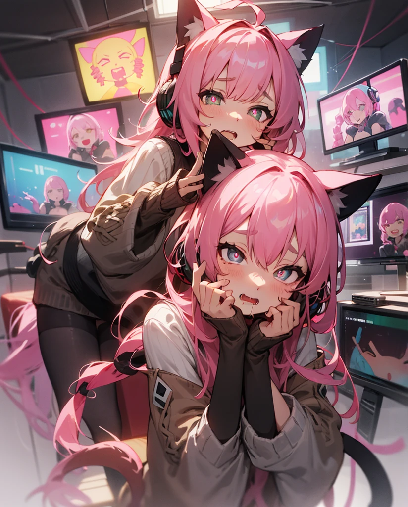 femele，Black headphones，cat ear，Pink hair，Black stockings，Pink pupils，black cloaths，The sleeves are longer than the hands，brown sweater，full bodyesbian，dual horsetail，Drooling hair，full bodyesbian，droid，TV head，TV head，TV head，TV head，Master painting，Delicate facial features，perfect bodies
