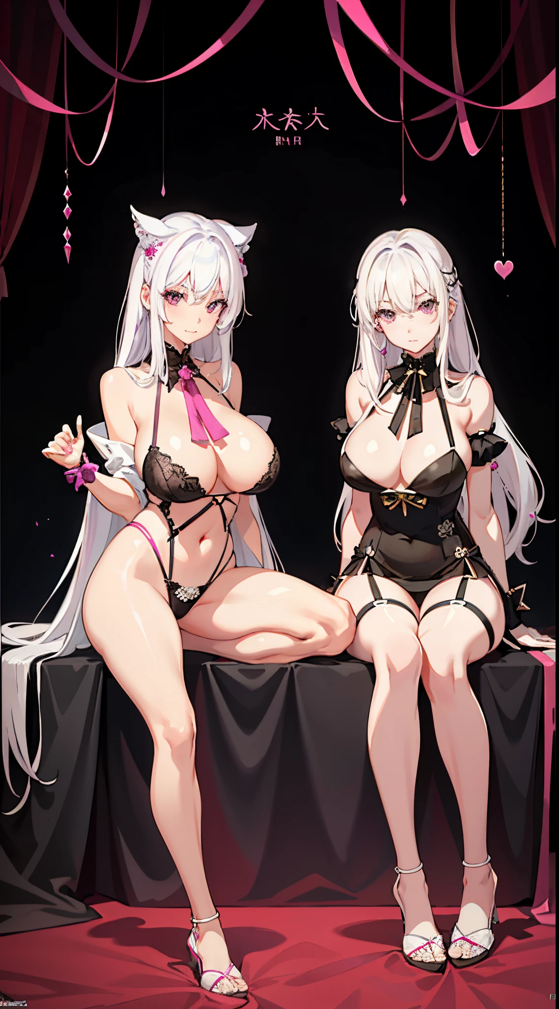 Two busty girls facing the camera， White hair and pink hair, purpleeyes, Black erotic underwear, Photorealsitic, Towels, 浴室, Side seams, Wallpapers, NSFW,Squat down and open your legs