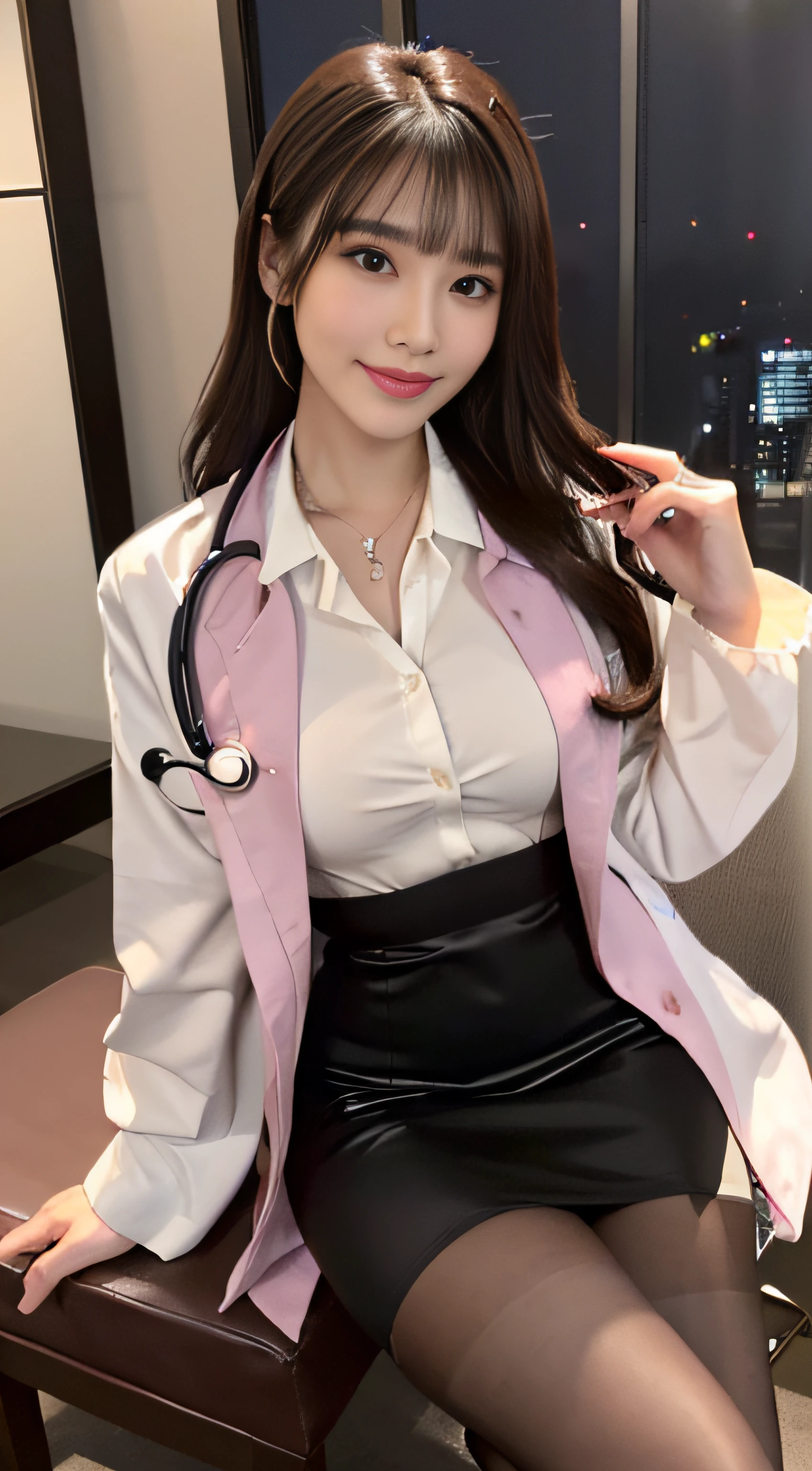 top-quality、Top image quality、masterpiece、fully body photo、25 years old women, 、Dark brown wavy middle hair、bangss、((White Coat of Doctor、Long sleeve white shirt with collar、Black Pencil Skirt、Stockings、stethoscope、I have a stethoscope、Kamimei))、 ((no-bra、Puffy nipple、rubbing the chest with one hand))、Sexy pink panties、soft boob、breasts of medium size,、high-heels、a necklace、耳环、cute smile face、sit a chair