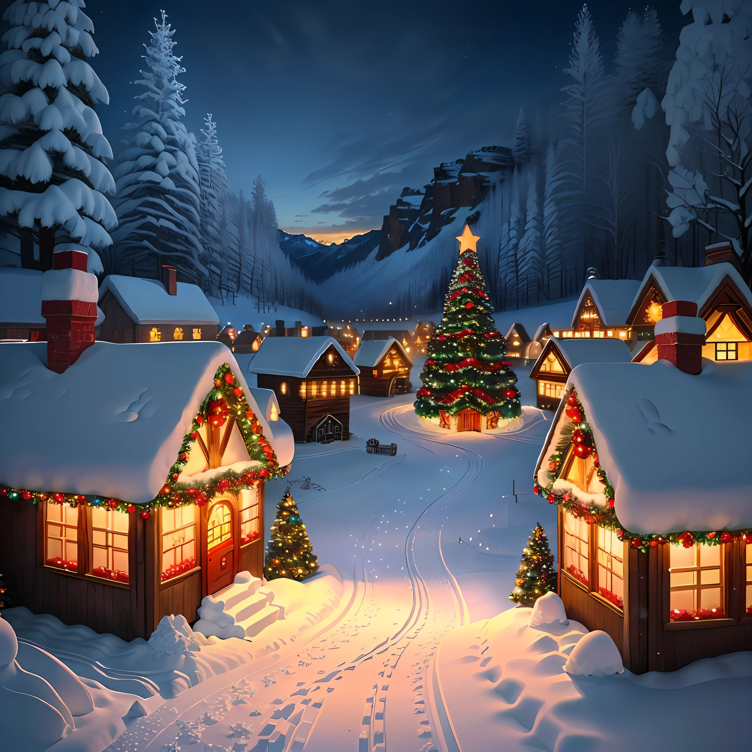 Snow village during winter. Christmas decorations