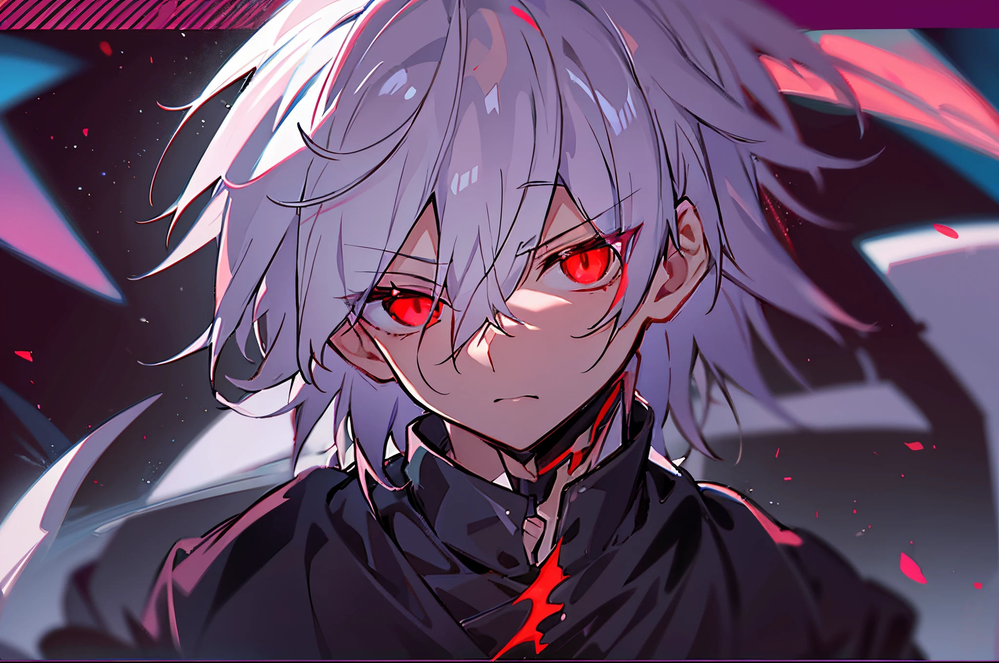 hight resolution,close range、Anime boy with white hair and red eyes staring at camera, Glowing red eyes,slim, dressed in a black outfit,Shadow Body,colorful backdrop,hair messy, Diagonal angle、glares、bleed、Bloody