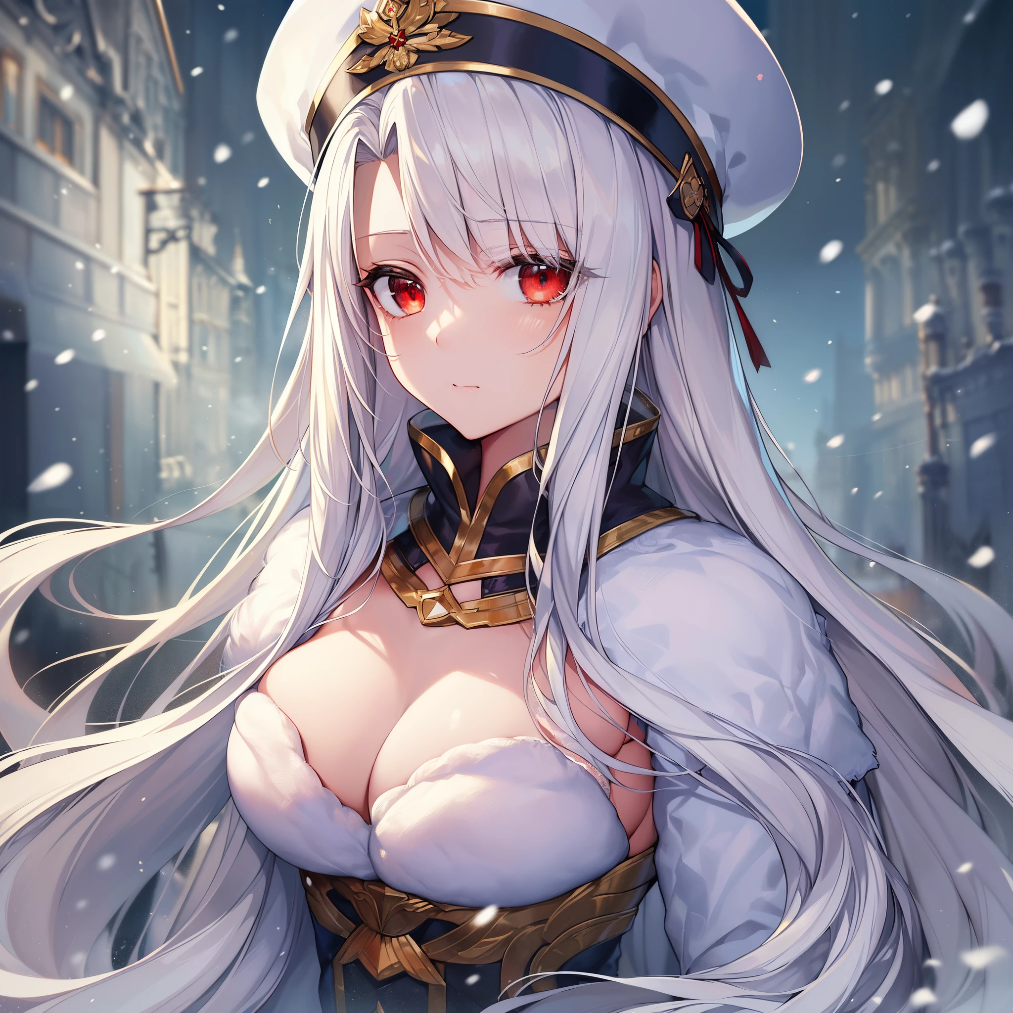 (((masterpiece))), (((top-quality))), ((ultra-detailliert)), Highly Detailed beautiful and aesthetic, extremely details CG, perfect detail, very delicate light, finely eye and detailed face, Detailed light, (Best Shadows), (best anatomy), beatiful detailed eyes, (Detailed body), A detailed face, (colourfull), beautiful detailed hair,russian snow、snow blowing、Extremely cold Siberia, Russia、1Man Caucasian Woman、(独奏:1.4)、The long-haired、white hair、Red eyes、(Iris Viel von Einzbern:1.2), fate/zero,Russian、White muffler、white cossack hat、Wear white winter clothes