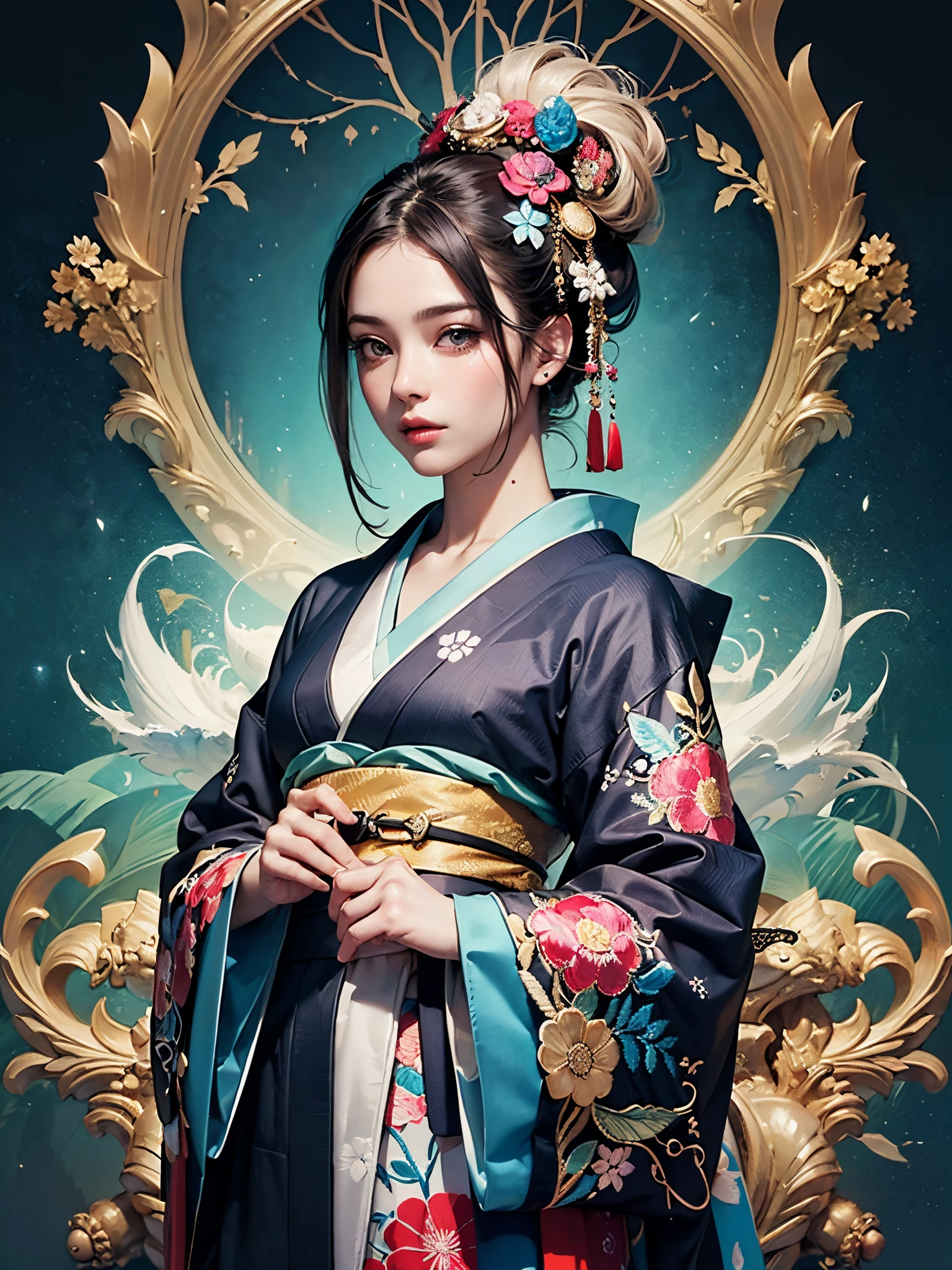 (masterpiece, top quality, best quality, official art, beautiful and aesthetic:1.2), (1girl),elaborate costume(Luxurious Japan kimono(Colorful kimono(detailed embroidery))), extreme detailed,(Fractal art),colorful,highest detailed,Mandala in the background
