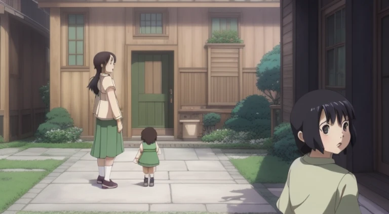 Anime scene of a woman and a child in front of the house, ghibli studio anime style, Screenshot of the animated movie, Today’s recommended anime is still, anime yulu camp, style in ghibli anime, Still from TV animation, Still from anime, In Studio Ghibli style, Ghibli animation style, Screenshots from the 2012 animation, in the anime film