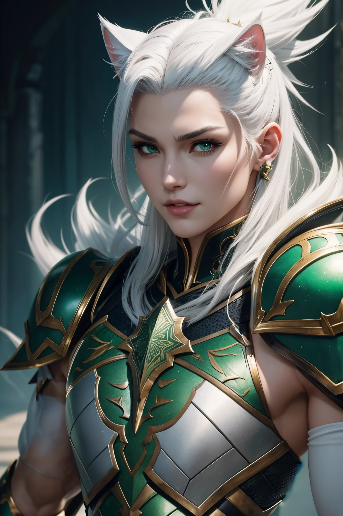 8K,muscular muscular male body,gorgeous black and green armor,A hyper-realistic,超A high resolution,Super precise pattern work,