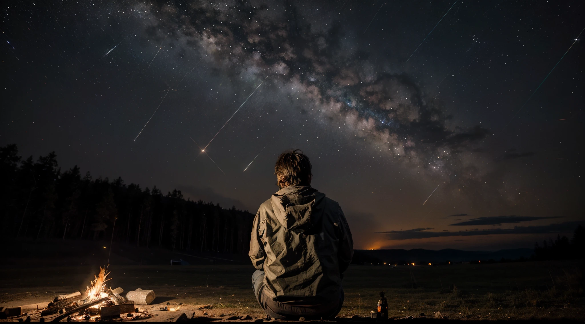 masterpiece, 1 man observing ( Orionids meteor shower), Orionids meteor shower, beautiful, woman, solo, camping, campfire, looking at the Orionids meteor shower, from behind, from below, outdoor,