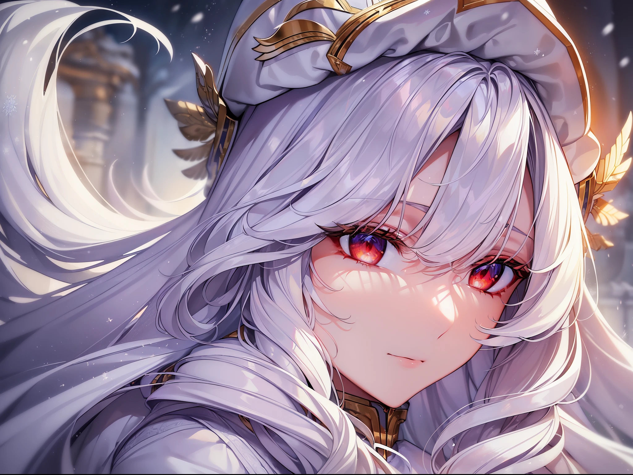 (((masterpiece))), (((top-quality))), ((ultra-detailliert)), Highly Detailed beautiful and aesthetic, extremely details CG, perfect detail, very delicate light, finely eye and detailed face, Detailed light, (Best Shadows), (best anatomy), beatiful detailed eyes, (Detailed body), A detailed face, (colourfull), beautiful detailed hair,russian snow、snow blowing、Extremely cold Siberia, Russia、1Man Caucasian Woman、(独奏:1.4)、The long-haired、white hair、Red eyes、(Iris Viel von Einzbern:1.2), fate/zero,Russian、White muffler、white cossack hat、Wear white winter clothes
