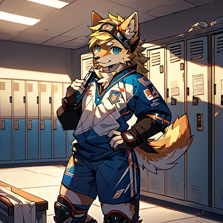 (masterpiece:1.3), (best cinematic quality:1.2), (extremely detailed setting:1), (soft+artistic lighting), 1female, husky, dog girl, ice hockey gear, ice hockey uniform, blonde hair, blue eyes, locker room