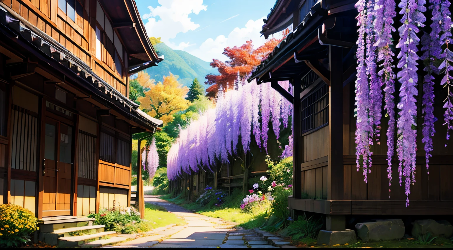 Best Quality、masutepiece、mont、Summit of Mt、Wisteria flowers:2、(jpn、evening glow)、autumnal